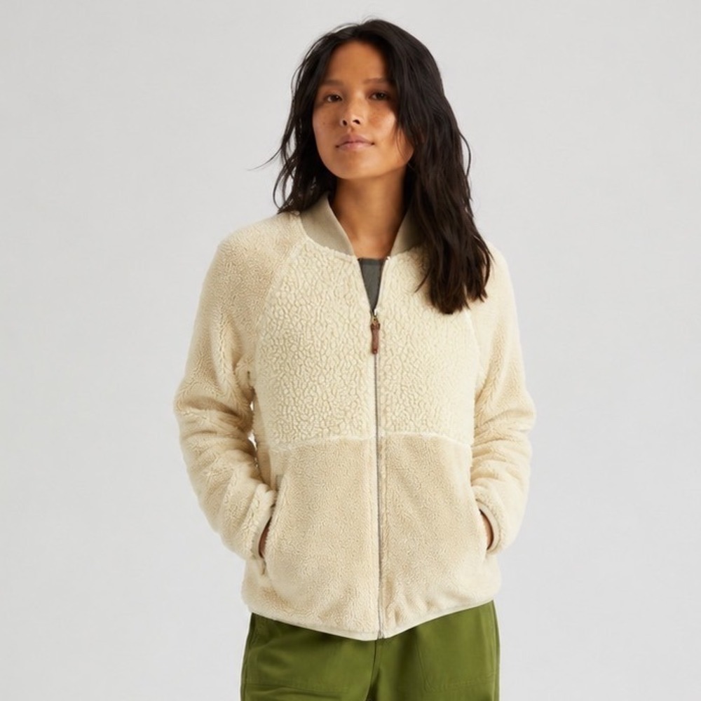 Burton Sherpa Fleece Full Zip Bomber Jacket Cream Tan XS